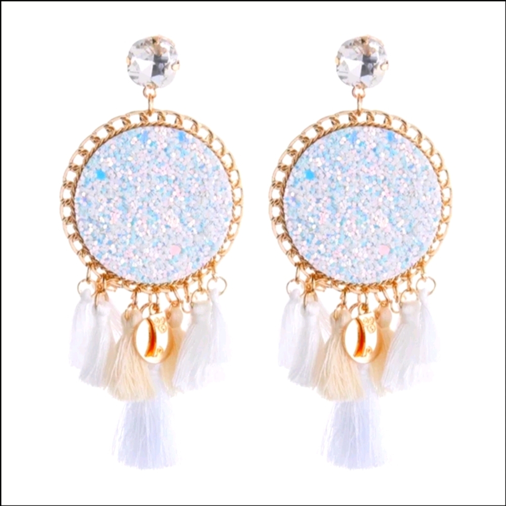 White Boho Fringed Tassel Earrings